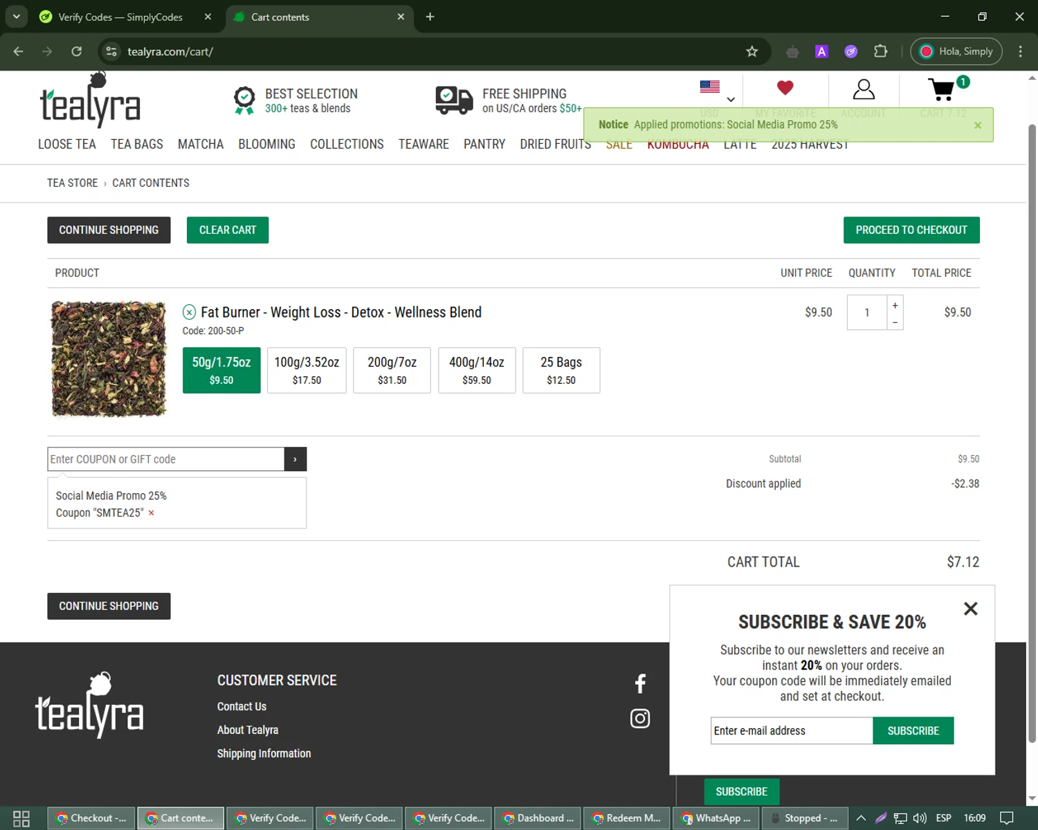 TeaLyra coupon code screenshot showing code SMTEA25 applied at TeaLyra checkout page. Uploaded by SimplyCodes community member Michael_Brown on May 17, 2025