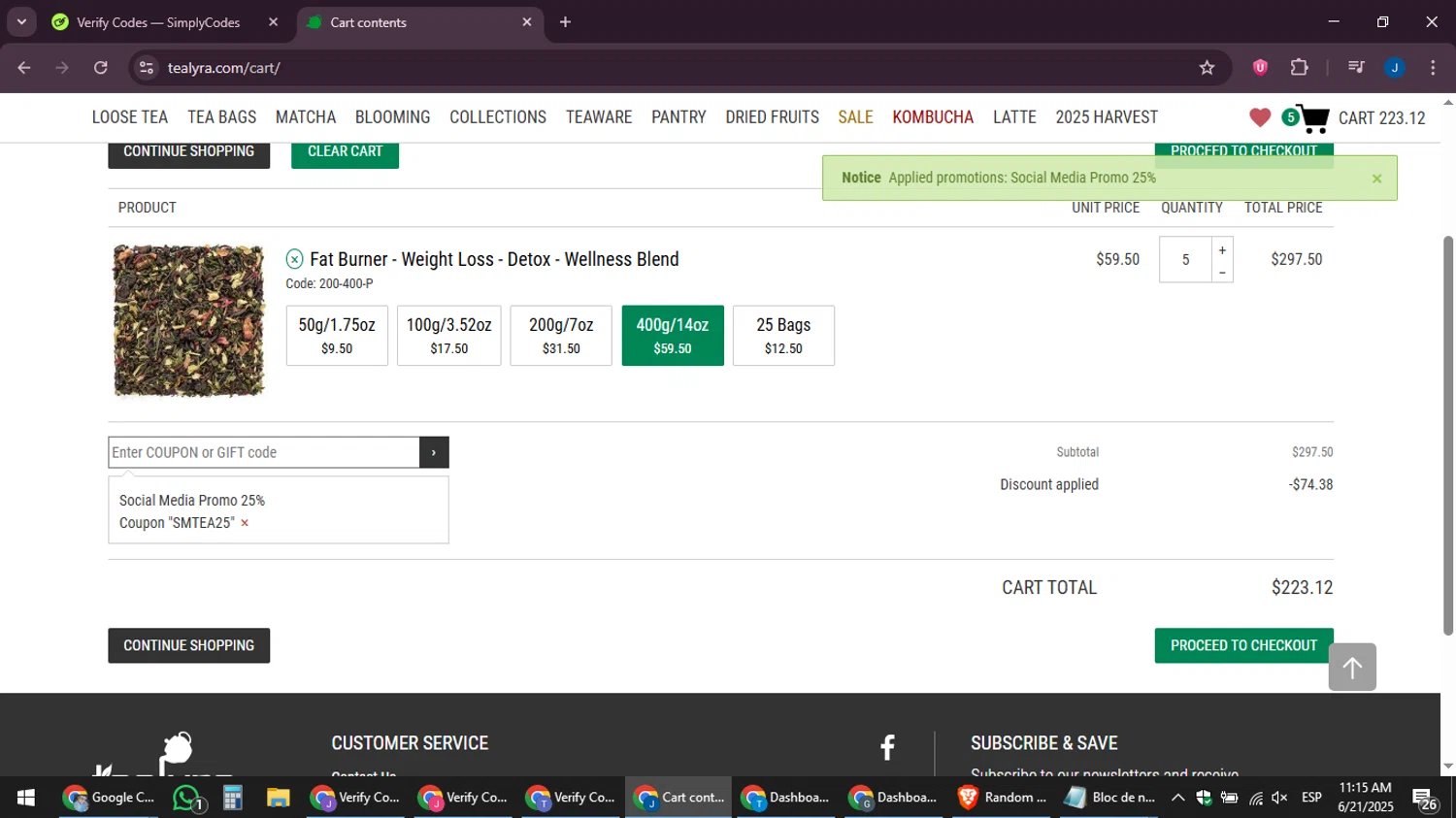 TeaLyra coupon code screenshot showing code SMTEA25 applied at TeaLyra checkout page. Uploaded by SimplyCodes community member noesmith34ur on Jun 21, 2025