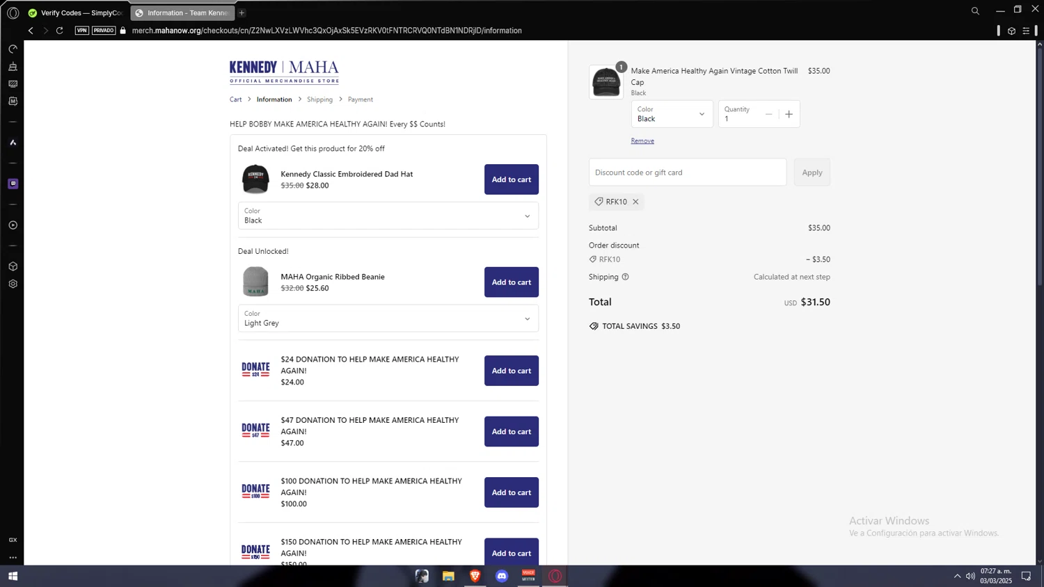 Team Kennedy checkout page showing Team Kennedy promo code box | Screenshot taken by SimplyCodes community member on Mar 3, 2025