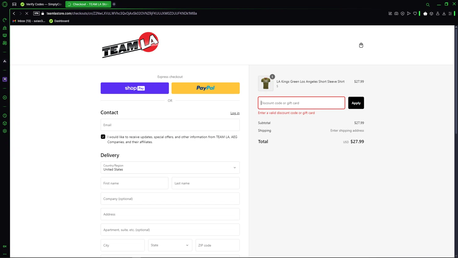 Team La promo code screenshot showing code 91341119 applied at Team La checkout page. Uploaded by SimplyCodes community member LegendaryCaptain2435 on Feb 16, 2025