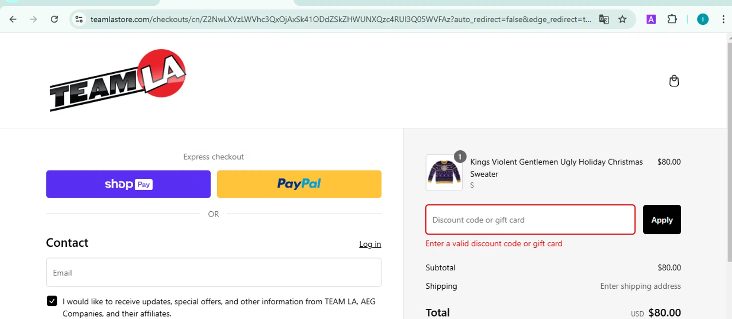 Team La promo code screenshot showing code GOKINGSGO applied at Team La checkout page. Uploaded by SimplyCodes community member NobleDefender3673 on Feb 28, 2025
