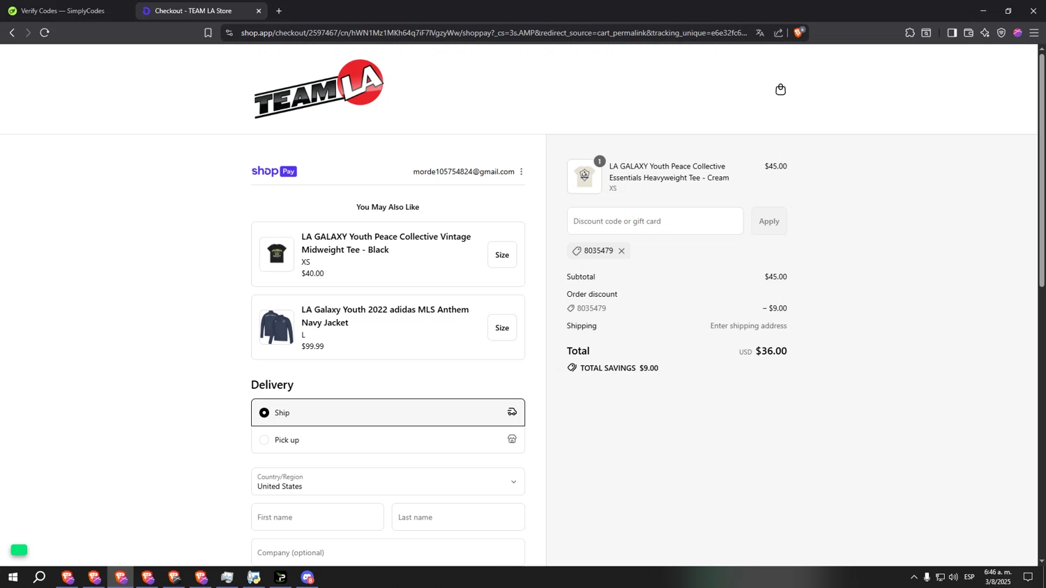 Team La promo code screenshot showing code 8035479 applied at Team La checkout page. Uploaded by SimplyCodes community member lllllllllllllll on Aug 3, 2025