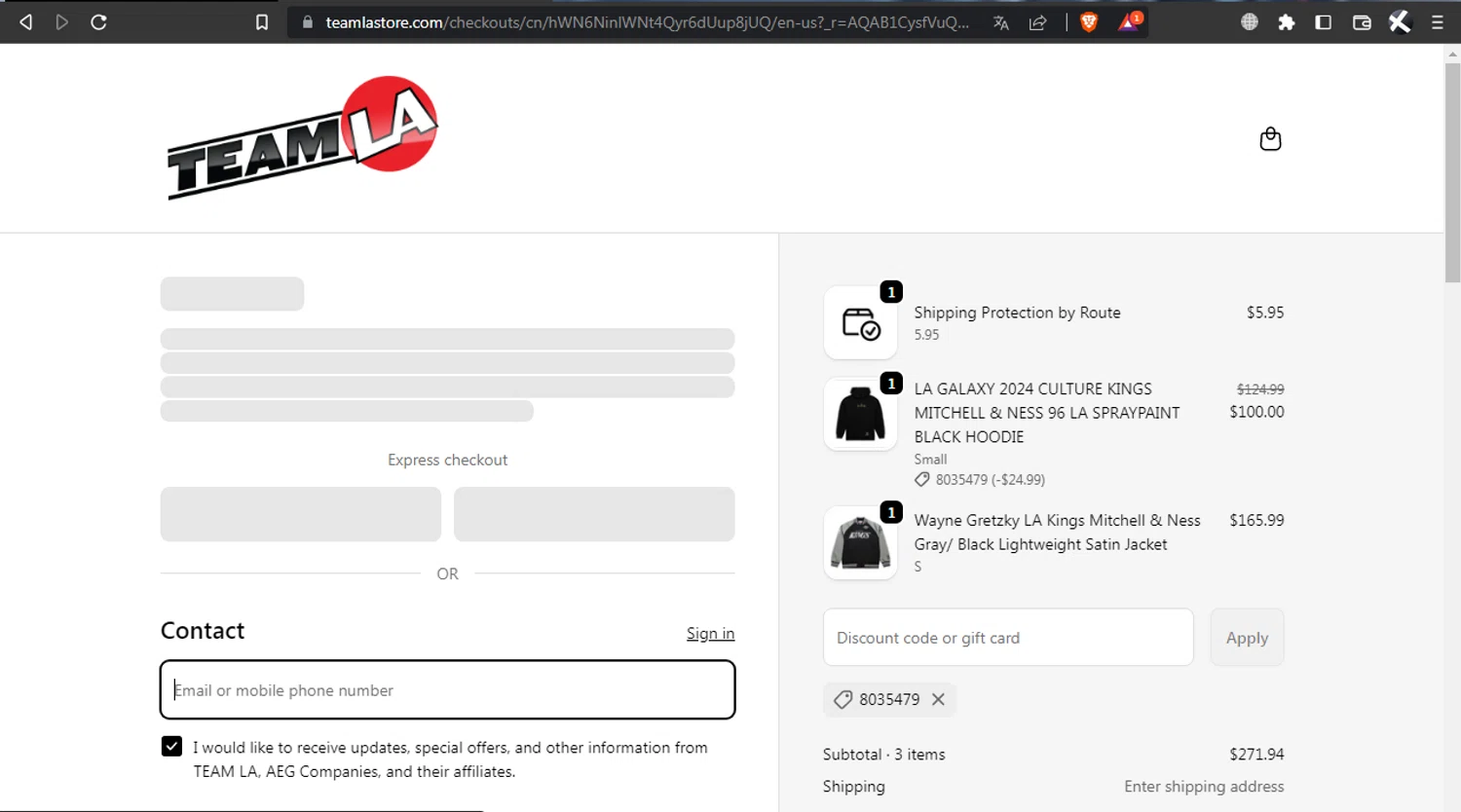 Team La promo code screenshot showing code 8035479 applied at Team La checkout page. Uploaded by SimplyCodes community member l2994552451687 on Dec 13, 2025