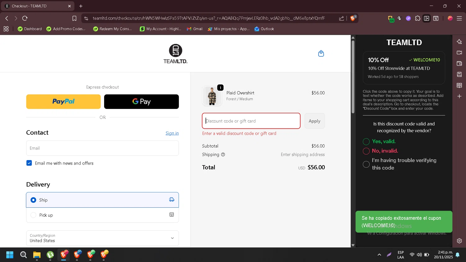 TEAMLTD promo code screenshot showing code WELCOME10 applied at TEAMLTD checkout page. Uploaded by SimplyCodes community member Wukong on Nov 20, 2025