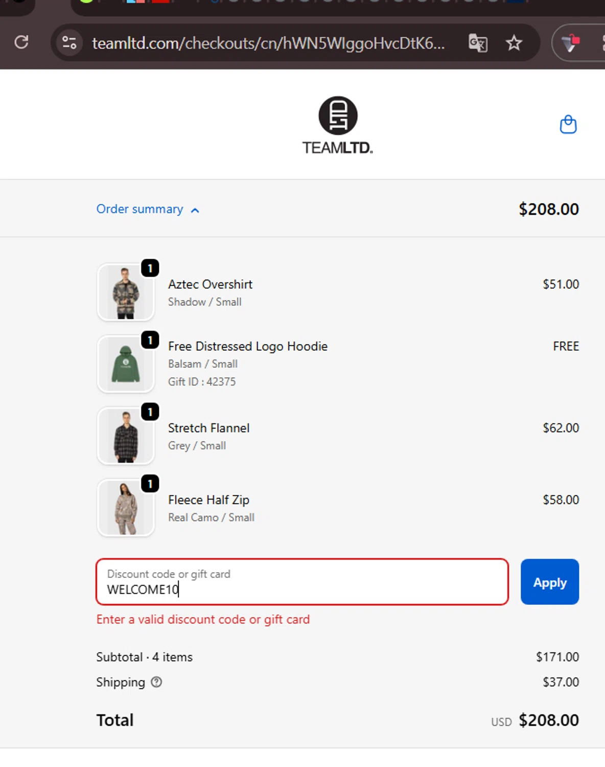 TEAMLTD promo code screenshot showing code WELCOME10 applied at TEAMLTD checkout page. Uploaded by SimplyCodes community member zhandrik on Nov 20, 2025