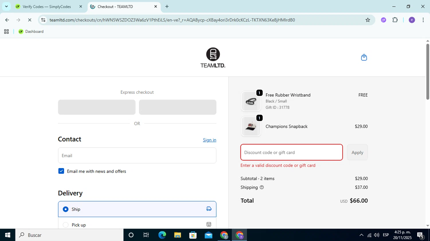 TEAMLTD promo code screenshot showing code THANKYOU applied at TEAMLTD checkout page. Uploaded by SimplyCodes community member Esteban14 on Nov 20, 2025