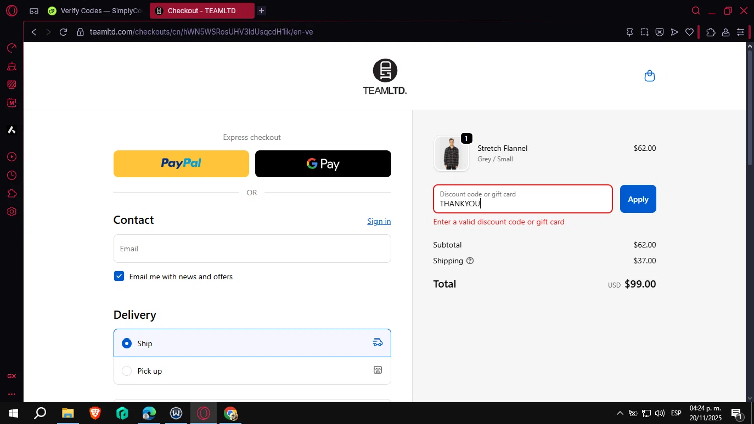 TEAMLTD promo code screenshot showing code THANKYOU applied at TEAMLTD checkout page. Uploaded by SimplyCodes community member VoucherCollector3778 on Nov 20, 2025