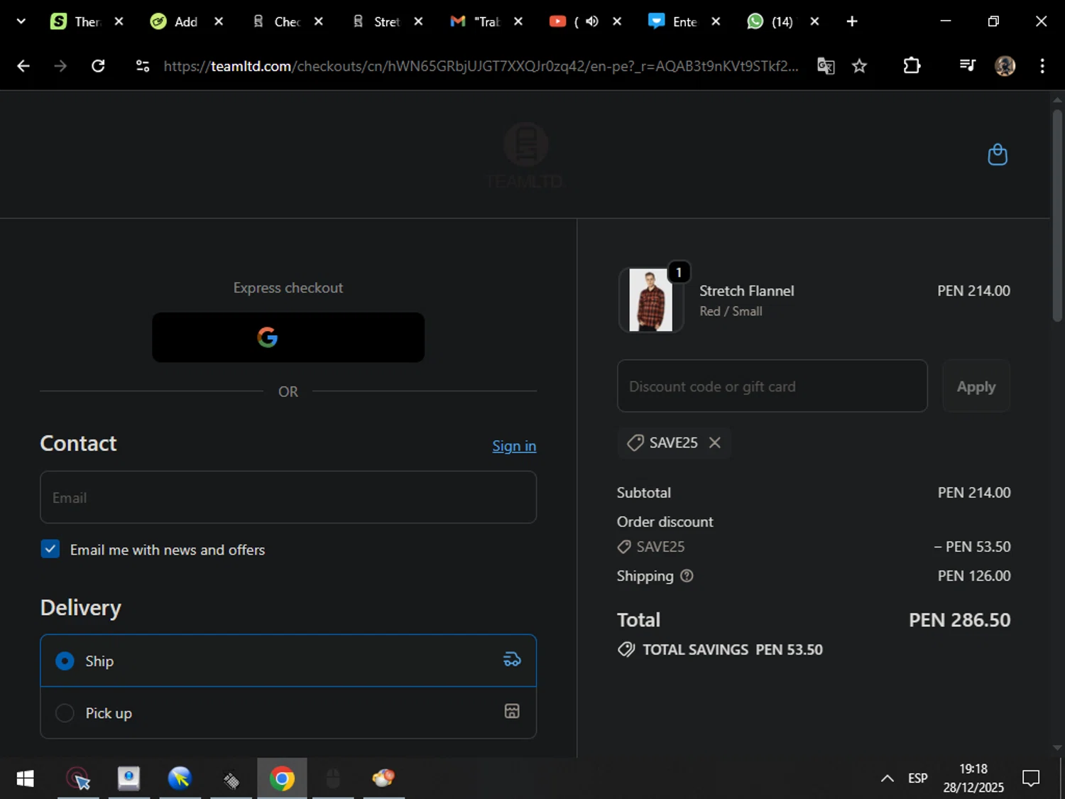 TEAMLTD promo code screenshot showing code SAVE25 applied at TEAMLTD checkout page. Uploaded by SimplyCodes community member MarcosAranguren on Dec 29, 2025