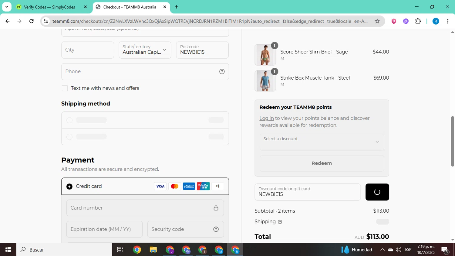 Teamm8 discount code screenshot showing code NEWBIE15 applied at Teamm8 checkout page. Uploaded by SimplyCodes community member CodeShopper8605 on Jul 10, 2025