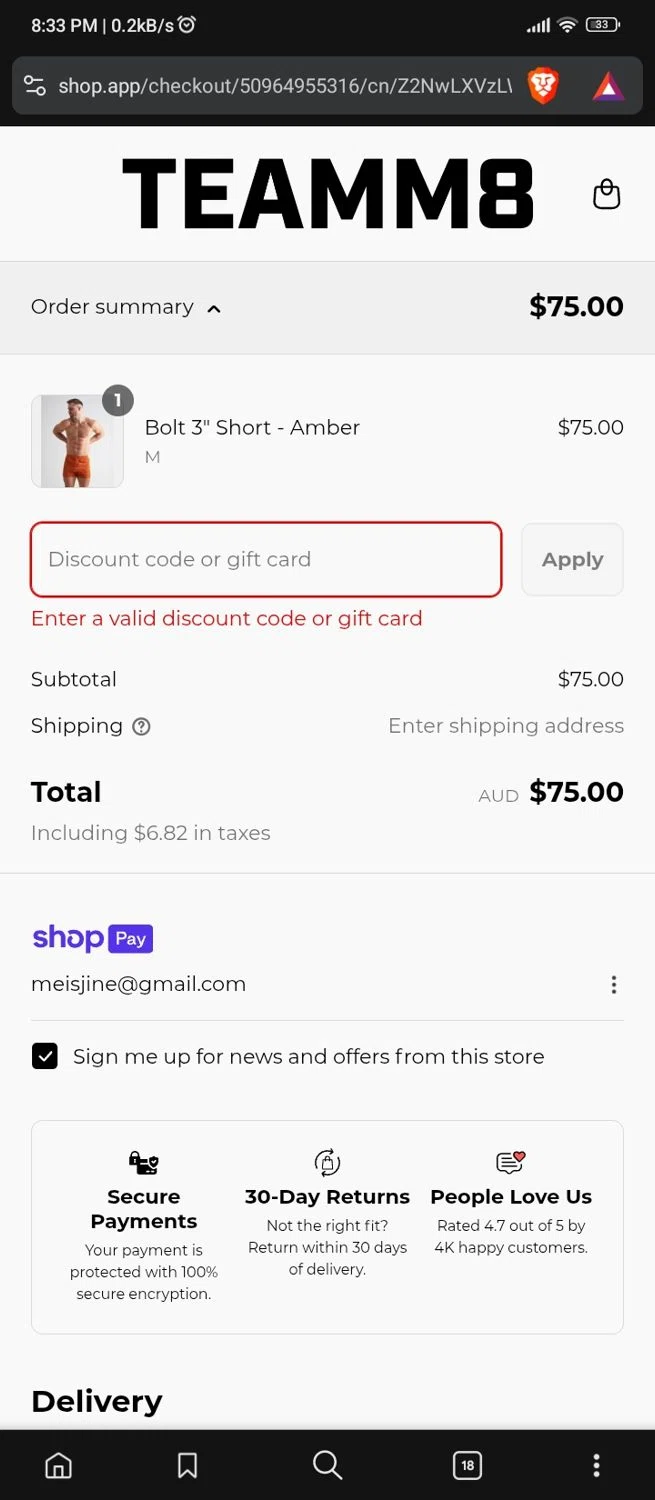 Teamm8 discount code screenshot showing code WELCOMEBACK applied at Teamm8 checkout page. Uploaded by SimplyCodes community member ScanVoyager3538 on Jul 11, 2025