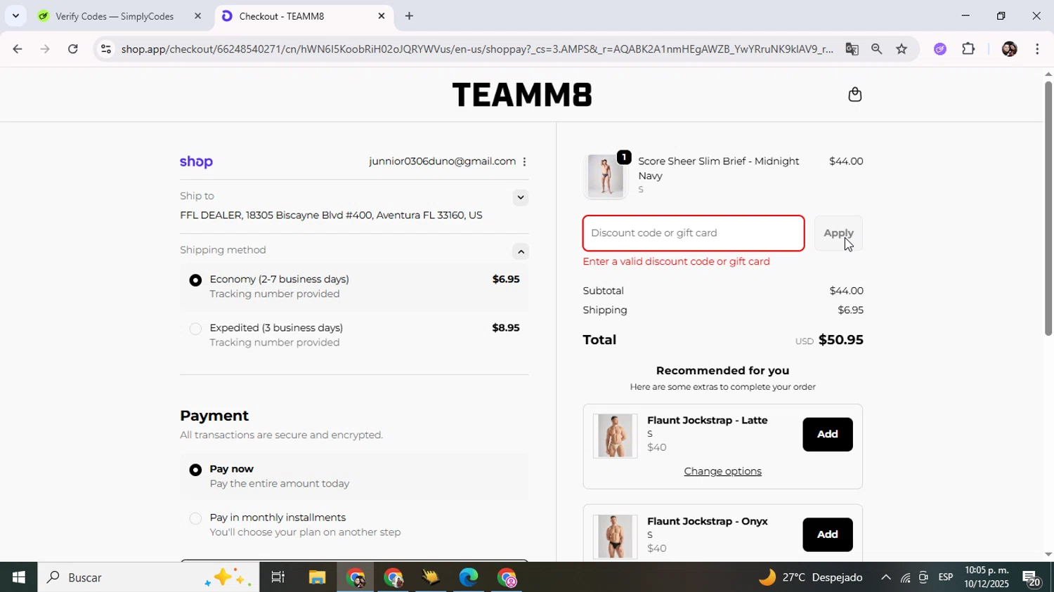 Teamm8 discount code screenshot showing code TAKE15 applied at Teamm8 checkout page. Uploaded by SimplyCodes community member Junniorduno on Dec 11, 2025