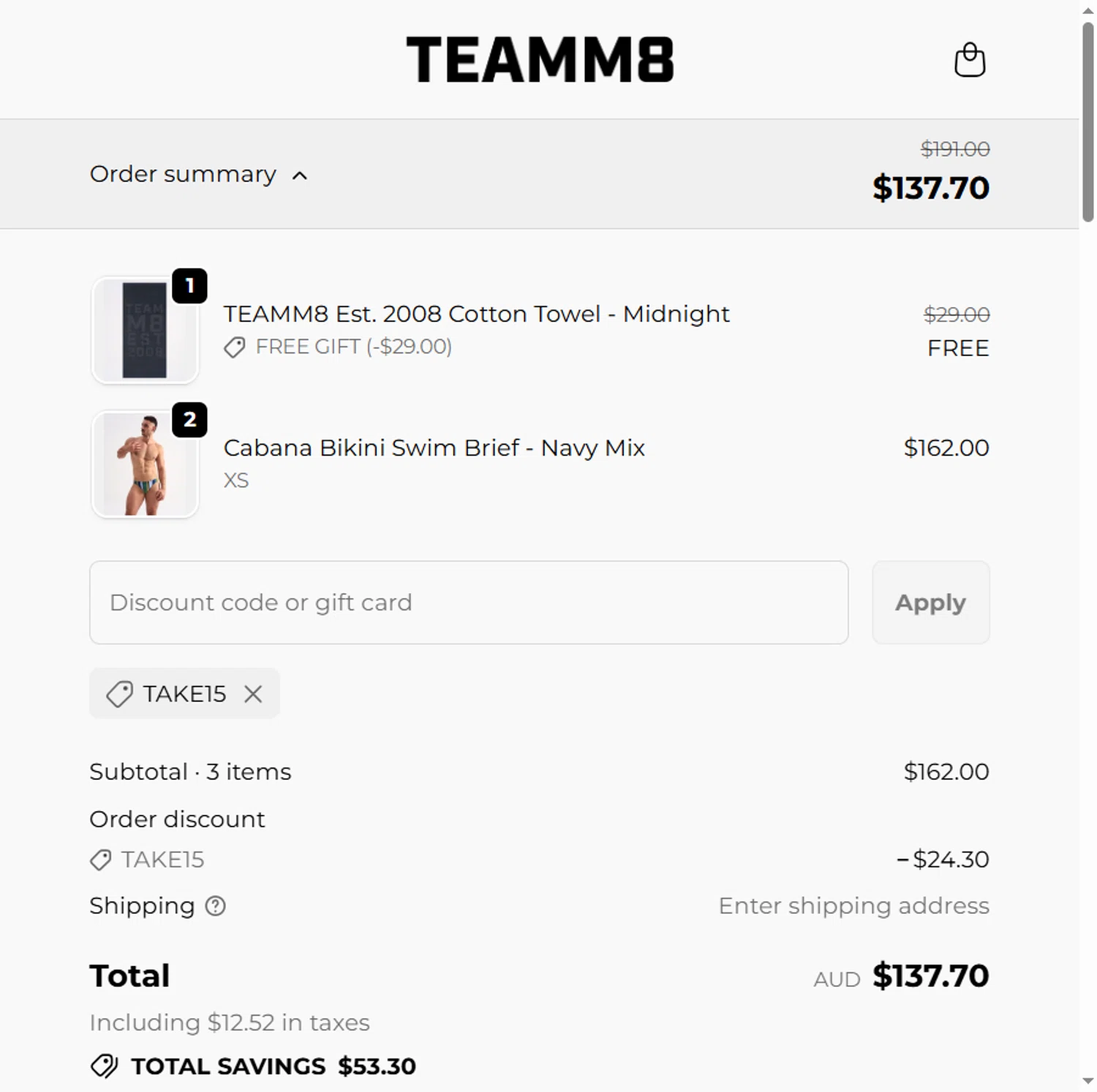 Teamm8 discount code screenshot showing code TAKE15 applied at Teamm8 checkout page. Uploaded by SimplyCodes community member Leannysv7lla on Nov 26, 2025