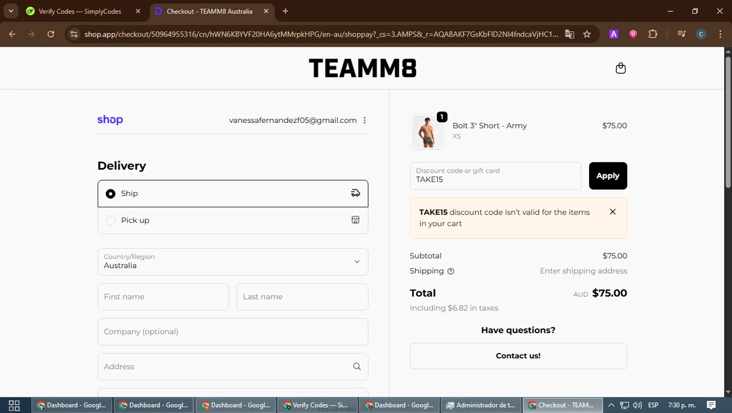 Teamm8 discount code screenshot showing code TAKE15 applied at Teamm8 checkout page. Uploaded by SimplyCodes community member benjamnlev on Dec 11, 2025