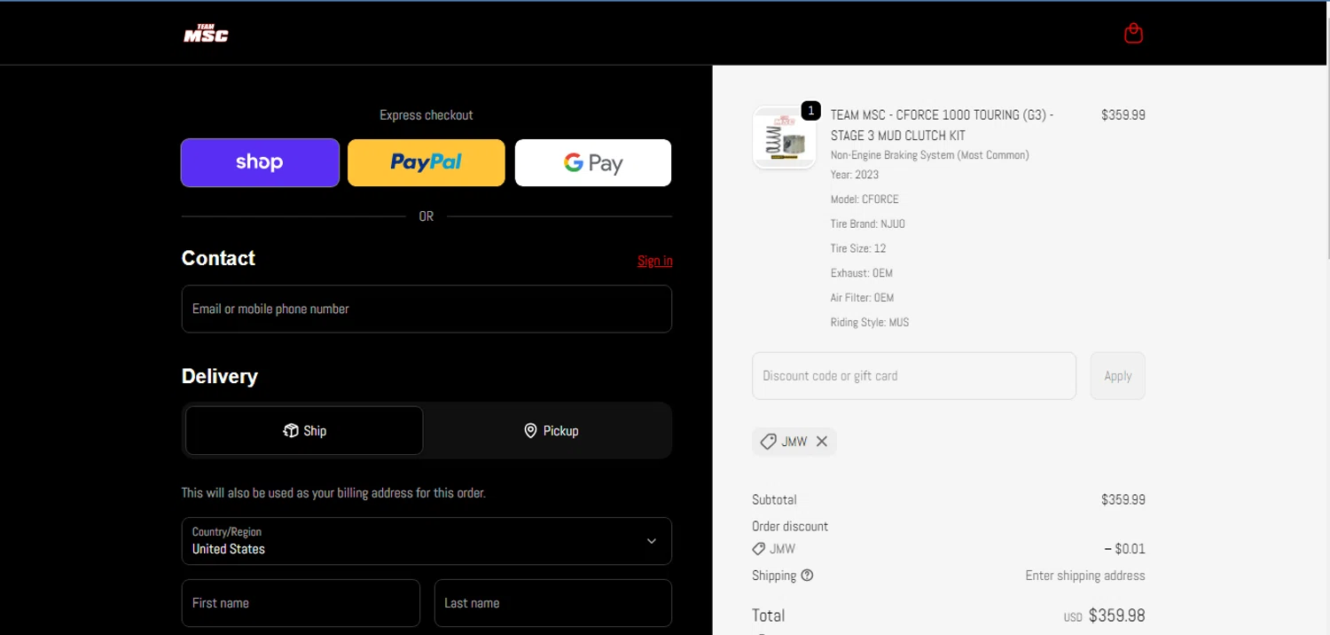 Team MSC promo code screenshot showing code JMW applied at Team MSC checkout page. Uploaded by SimplyCodes community member HUNTER1406 on Jun 22, 2026