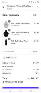 SIMPLY15 coupon verification screenshot