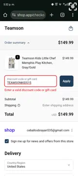 TEAMSONKIDS15 coupon verification screenshot