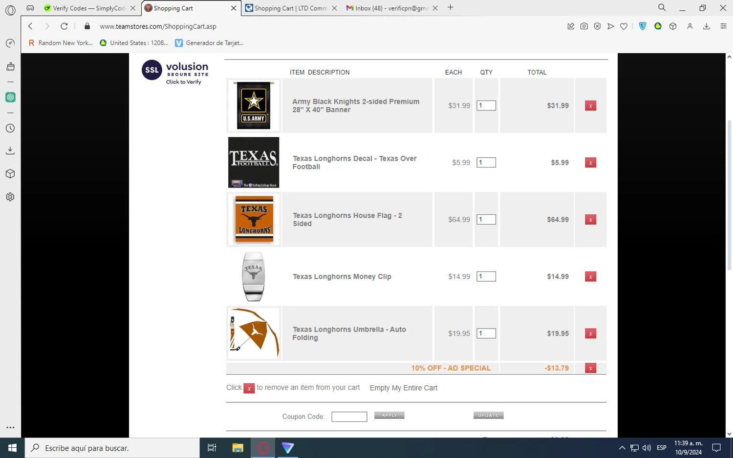 Team Store checkout page showing Team Store promo code box | Screenshot taken by SimplyCodes community member on Sep 10, 2024