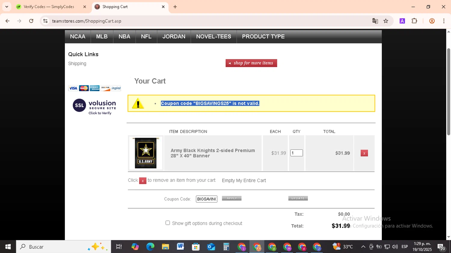 Team Store promo code screenshot showing code BIGSAVINGS25 applied at Team Store checkout page. Uploaded by SimplyCodes community member RebateCollector5909 on Oct 19, 2025