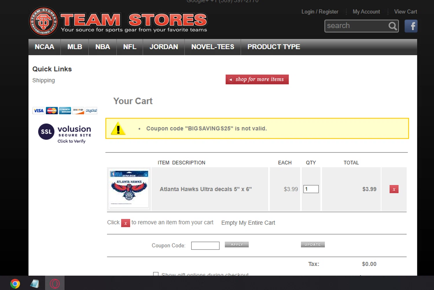 Team Store promo code screenshot showing code BIGSAVINGS25 applied at Team Store checkout page. Uploaded by SimplyCodes community member saindex on Oct 19, 2025