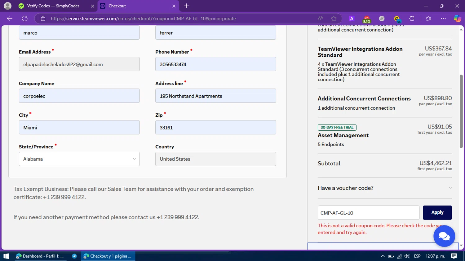 TeamViewer promo code screenshot showing code CMP-AF-GL-10 applied at TeamViewer checkout page. Uploaded by SimplyCodes community member BargainFox507 on Mar 17, 2025
