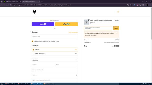 Team Vitality checkout page showing Team Vitality promo code box | Screenshot taken by SimplyCodes community member on Dec 8, 2024