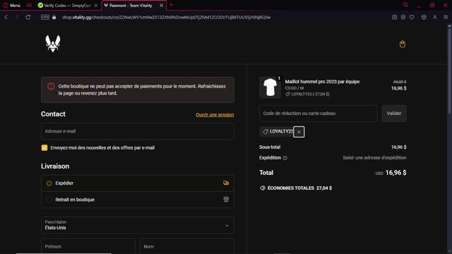 Team Vitality checkout page showing Team Vitality promo code box | Screenshot taken by SimplyCodes community member on Nov 14, 2024