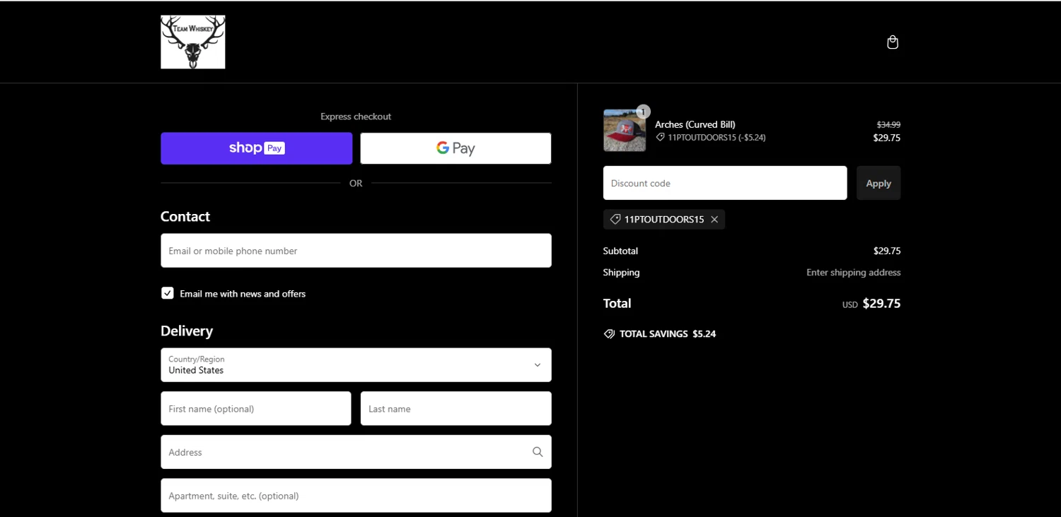 Team Whiskey promo code screenshot showing code 11PTOUTDOORS15 applied at Team Whiskey checkout page. Uploaded by SimplyCodes community member dimitriv on Jan 11, 2025