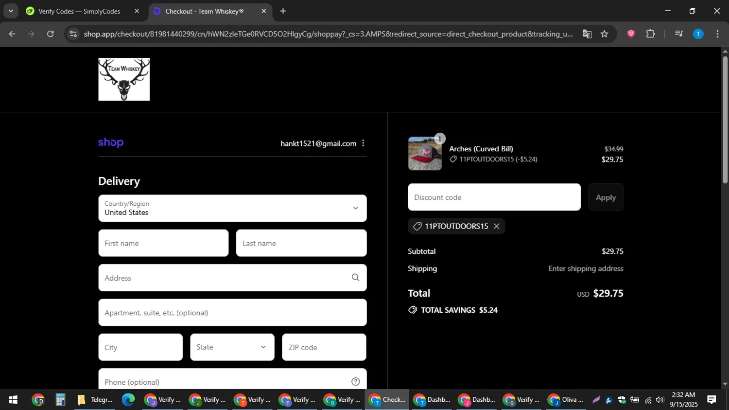 Team Whiskey promo code screenshot showing code 11PTOUTDOORS15 applied at Team Whiskey checkout page. Uploaded by SimplyCodes community member hankt1521 on Sep 15, 2025