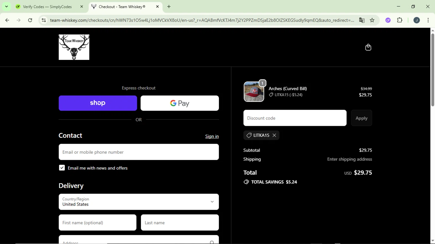 Team Whiskey promo code screenshot showing code LITKA15 applied at Team Whiskey checkout page. Uploaded by SimplyCodes community member GloriousCollector9930 on Dec 31, 2025