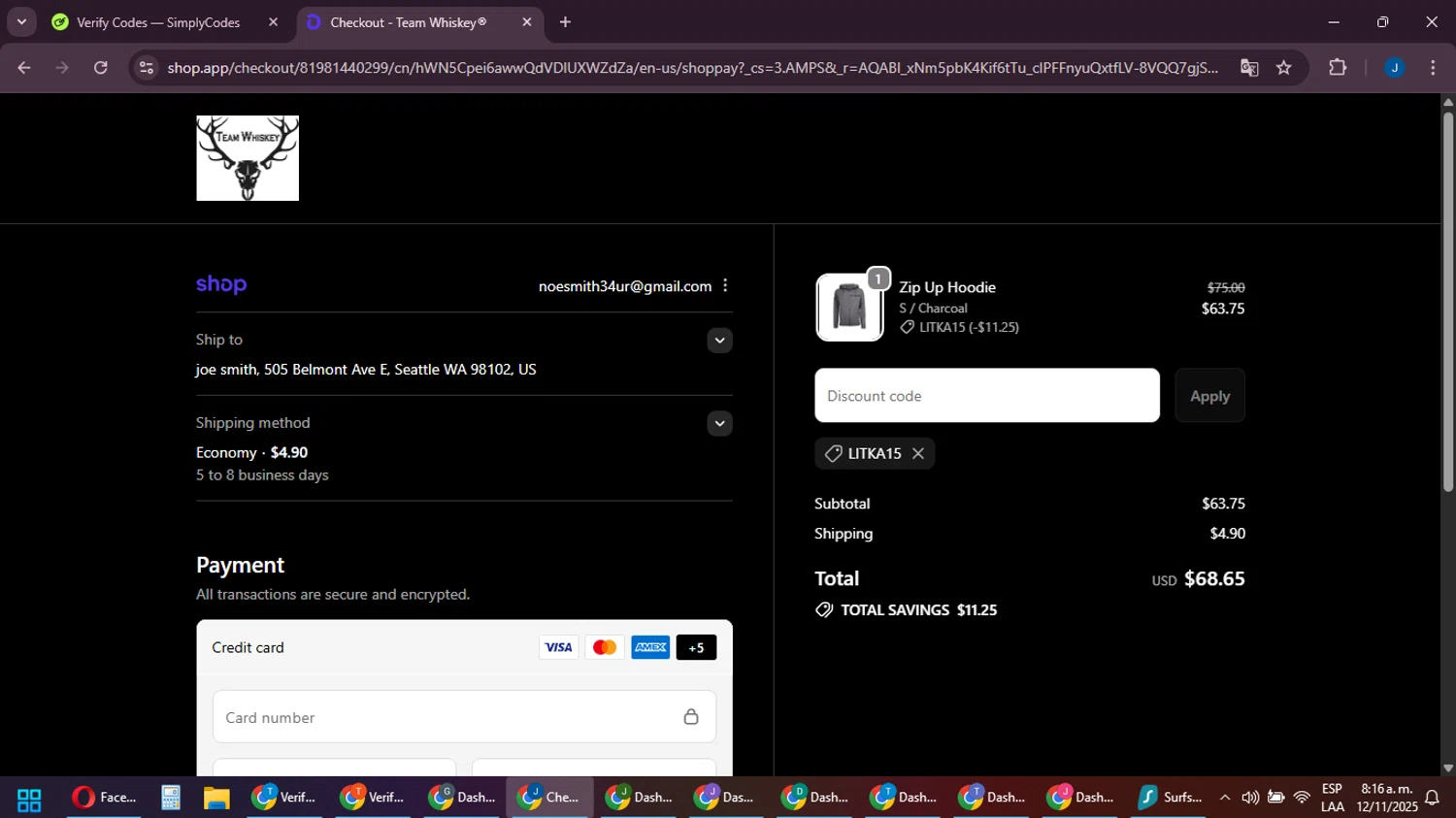Team Whiskey promo code screenshot showing code LITKA15 applied at Team Whiskey checkout page. Uploaded by SimplyCodes community member noesmith34ur on Nov 12, 2025