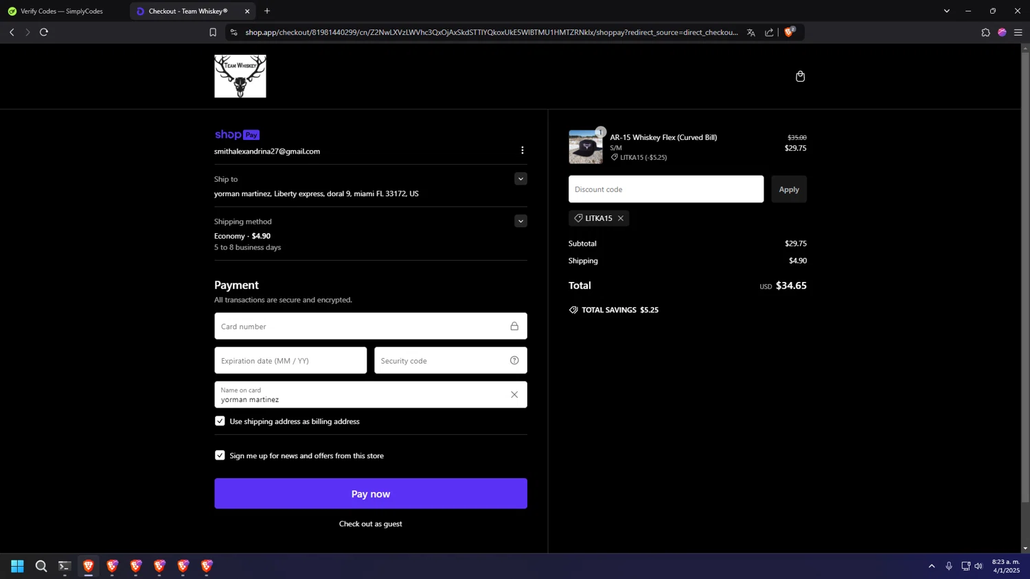 Team Whiskey promo code screenshot showing code LITKA15 applied at Team Whiskey checkout page. Uploaded by SimplyCodes community member INSECTOS on Jan 4, 2025