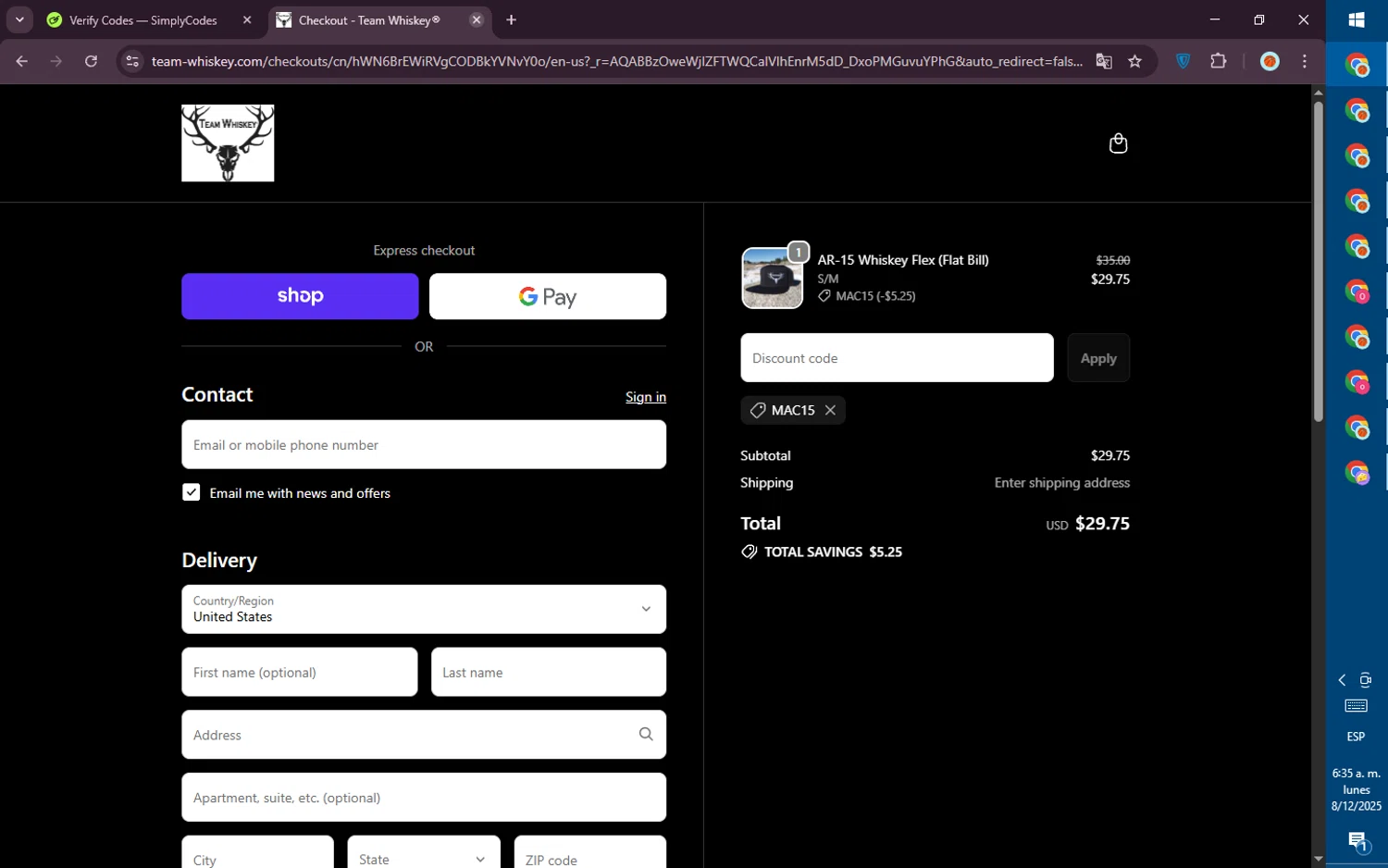 Team Whiskey promo code screenshot showing code MAC15 applied at Team Whiskey checkout page. Uploaded by SimplyCodes community member PromoVoyager8446 on Dec 8, 2025