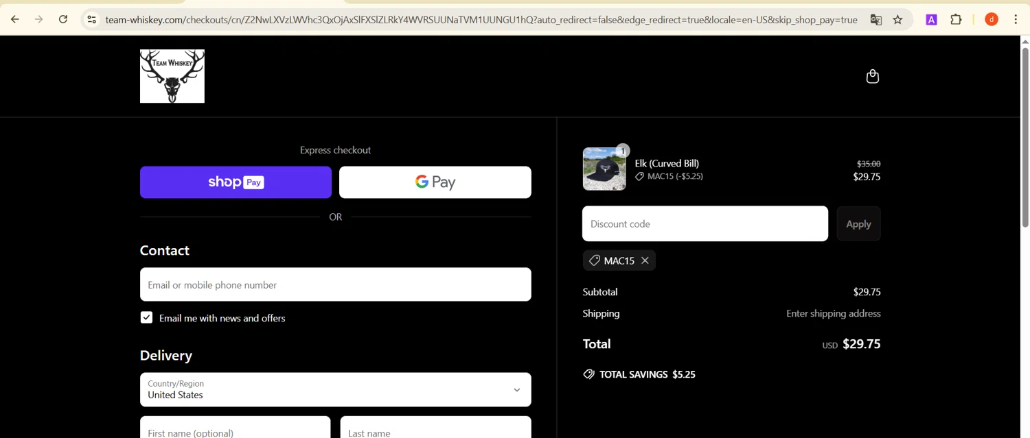 Team Whiskey promo code screenshot showing code MAC15 applied at Team Whiskey checkout page. Uploaded by SimplyCodes community member ShieldAce8475 on Apr 3, 2025