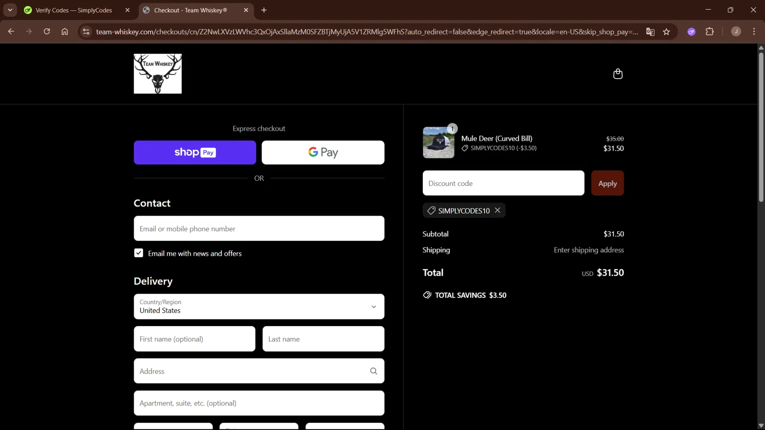 Team Whiskey promo code screenshot showing code SIMPLYCODES10 applied at Team Whiskey checkout page. Uploaded by SimplyCodes community member WisePro3955 on Jun 30, 2025