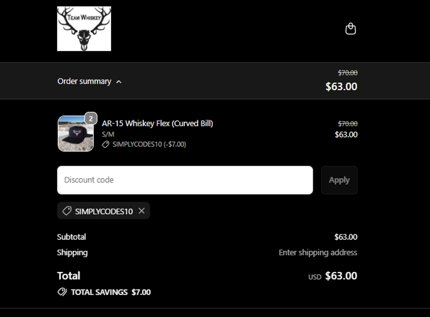 Team Whiskey promo code screenshot showing code SIMPLYCODES10 applied at Team Whiskey checkout page. Uploaded by SimplyCodes community member alfock22 on Oct 30, 2025