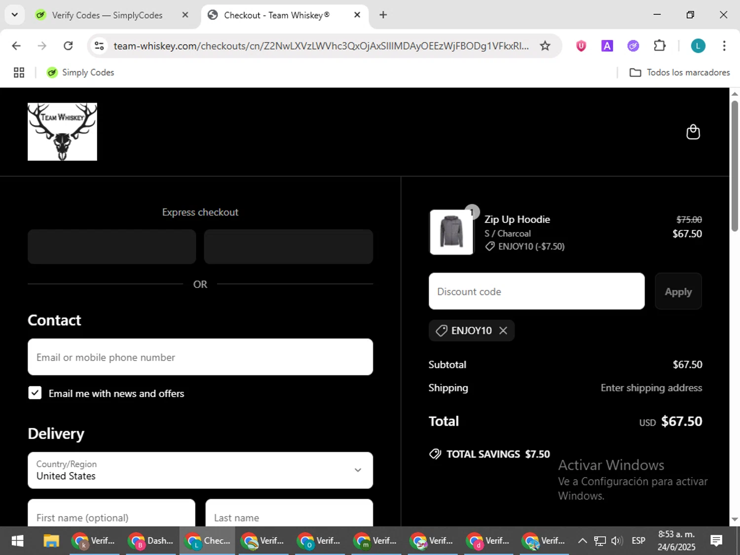 Team Whiskey promo code screenshot showing code ENJOY10 applied at Team Whiskey checkout page. Uploaded by SimplyCodes community member LuckyLegend792 on Jun 24, 2025