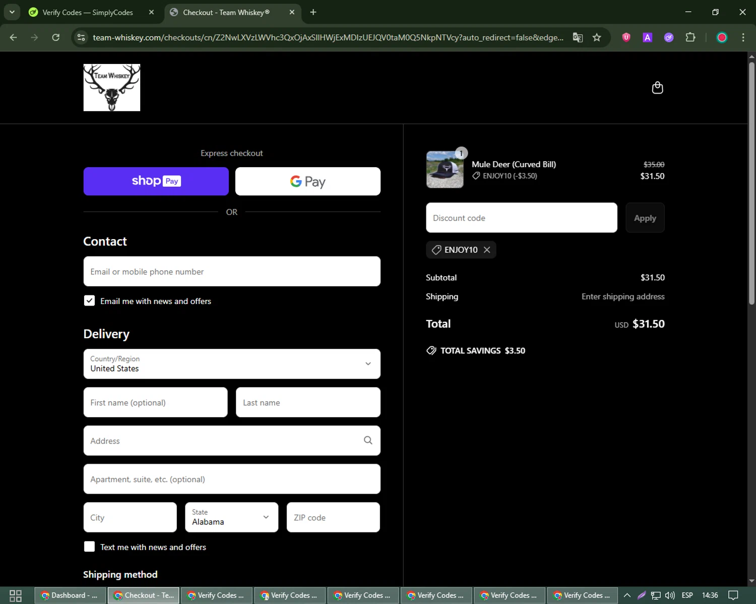 Team Whiskey promo code screenshot showing code ENJOY10 applied at Team Whiskey checkout page. Uploaded by SimplyCodes community member james_smith on Jun 24, 2025