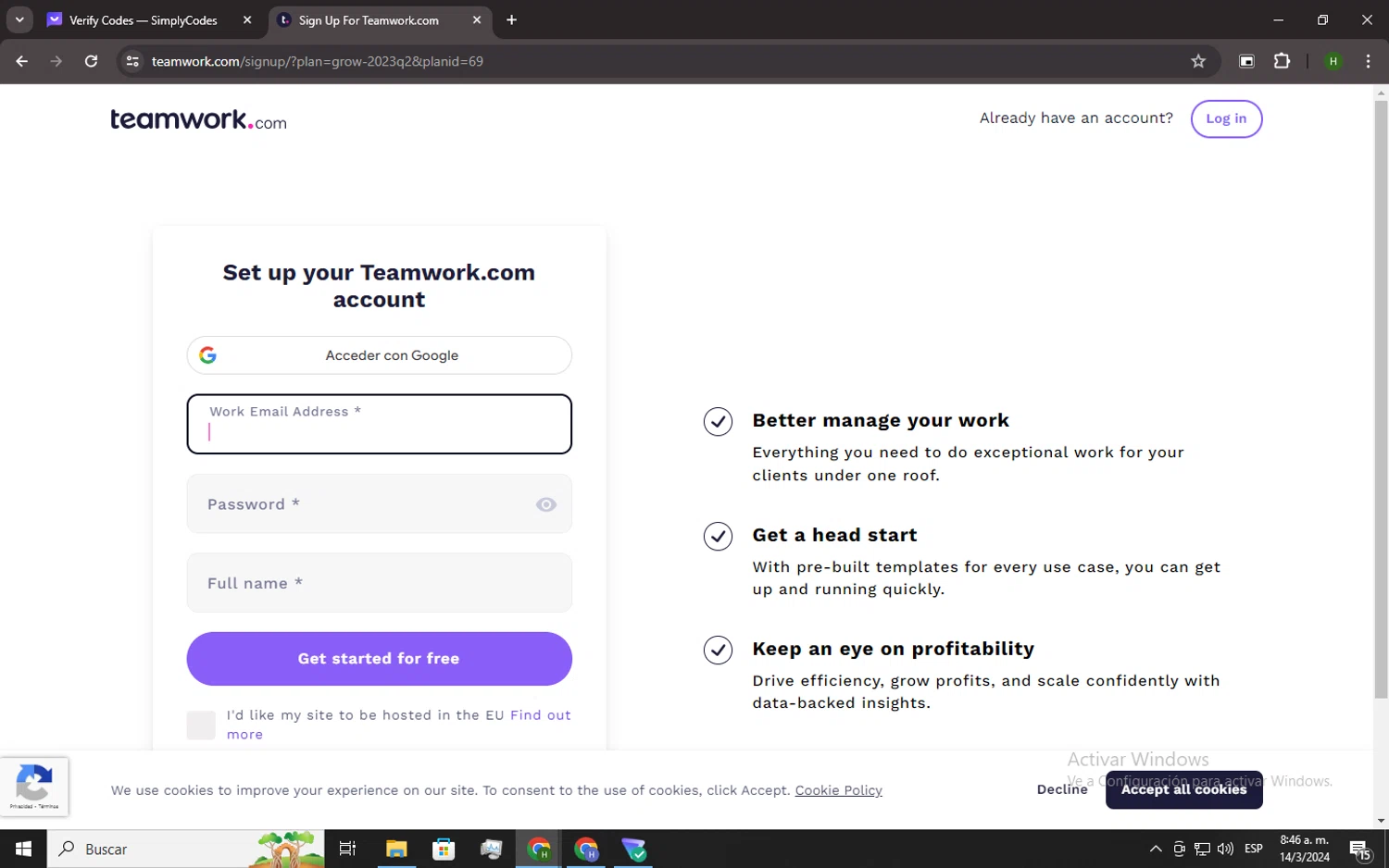 Teamwork checkout page showing Teamwork promo code box | Screenshot taken by SimplyCodes community member on Mar 14, 2024