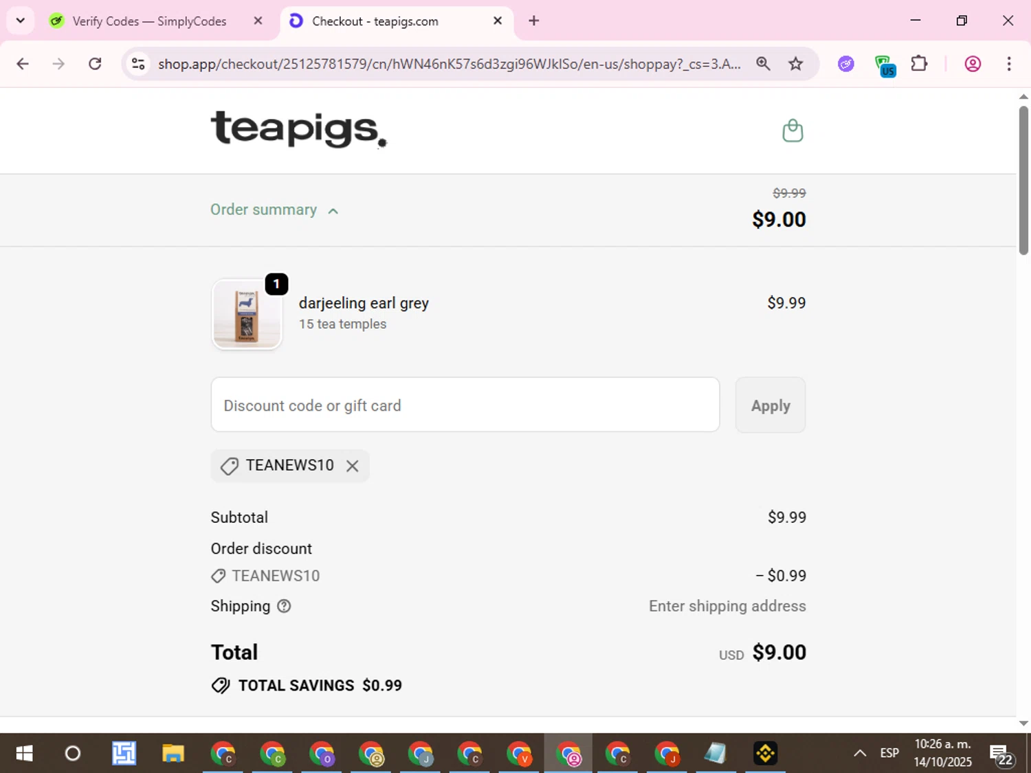 Teapigs promo code screenshot showing code TEANEWS10 applied at Teapigs checkout page. Uploaded by SimplyCodes community member QuestCurator1644 on Oct 14, 2025
