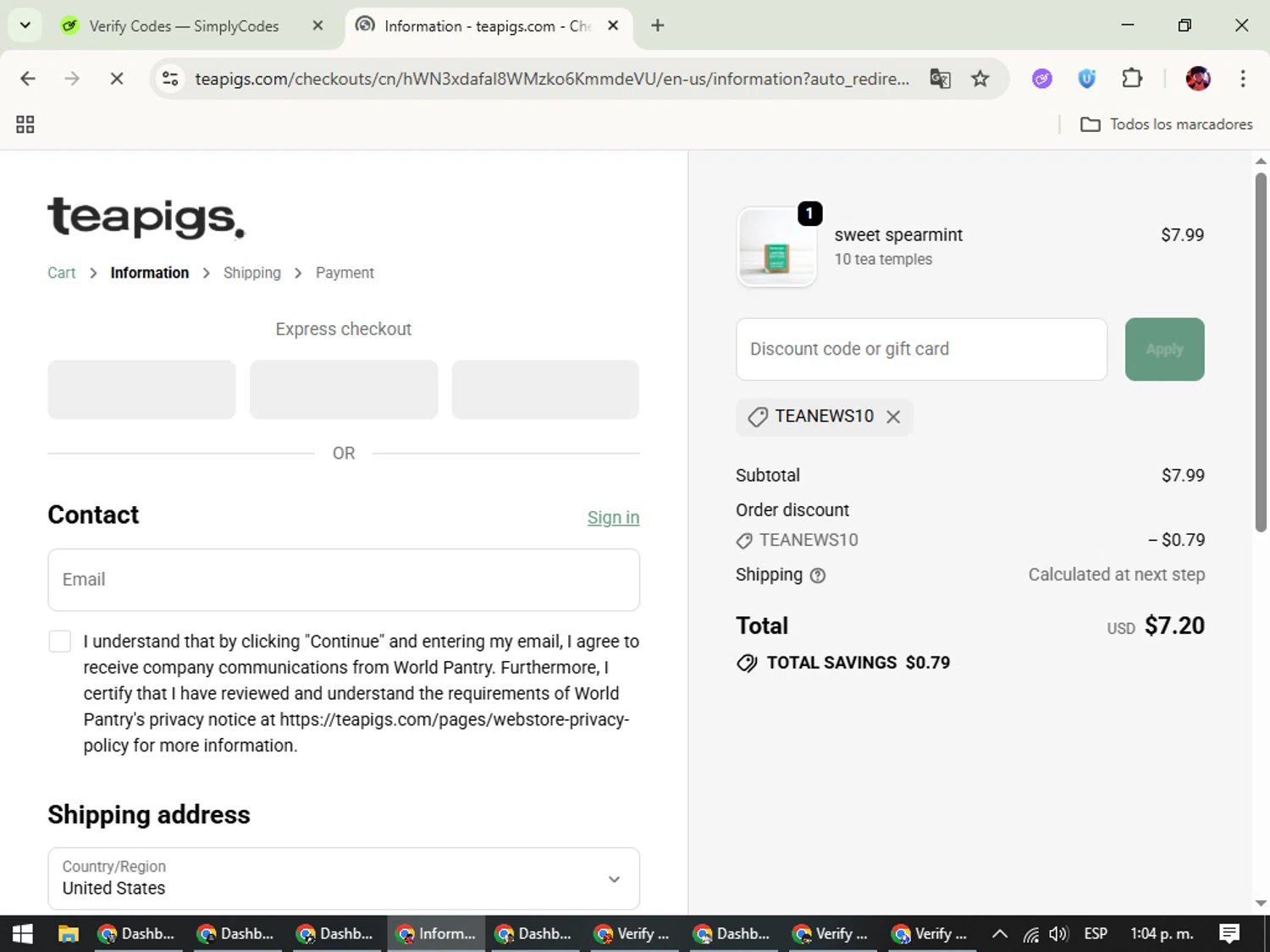 Teapigs promo code screenshot showing code TEANEWS10 applied at Teapigs checkout page. Uploaded by SimplyCodes community member SavingsEagle5772 on Oct 10, 2025