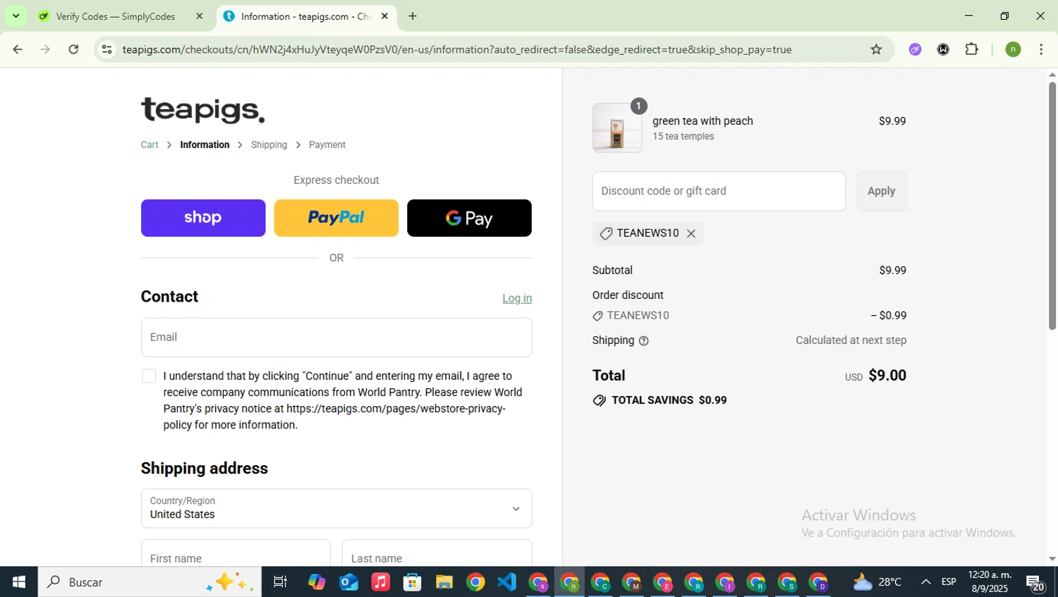 Teapigs promo code screenshot showing code TEANEWS10 applied at Teapigs checkout page. Uploaded by SimplyCodes community member SwiftSaver6197 on Sep 8, 2025