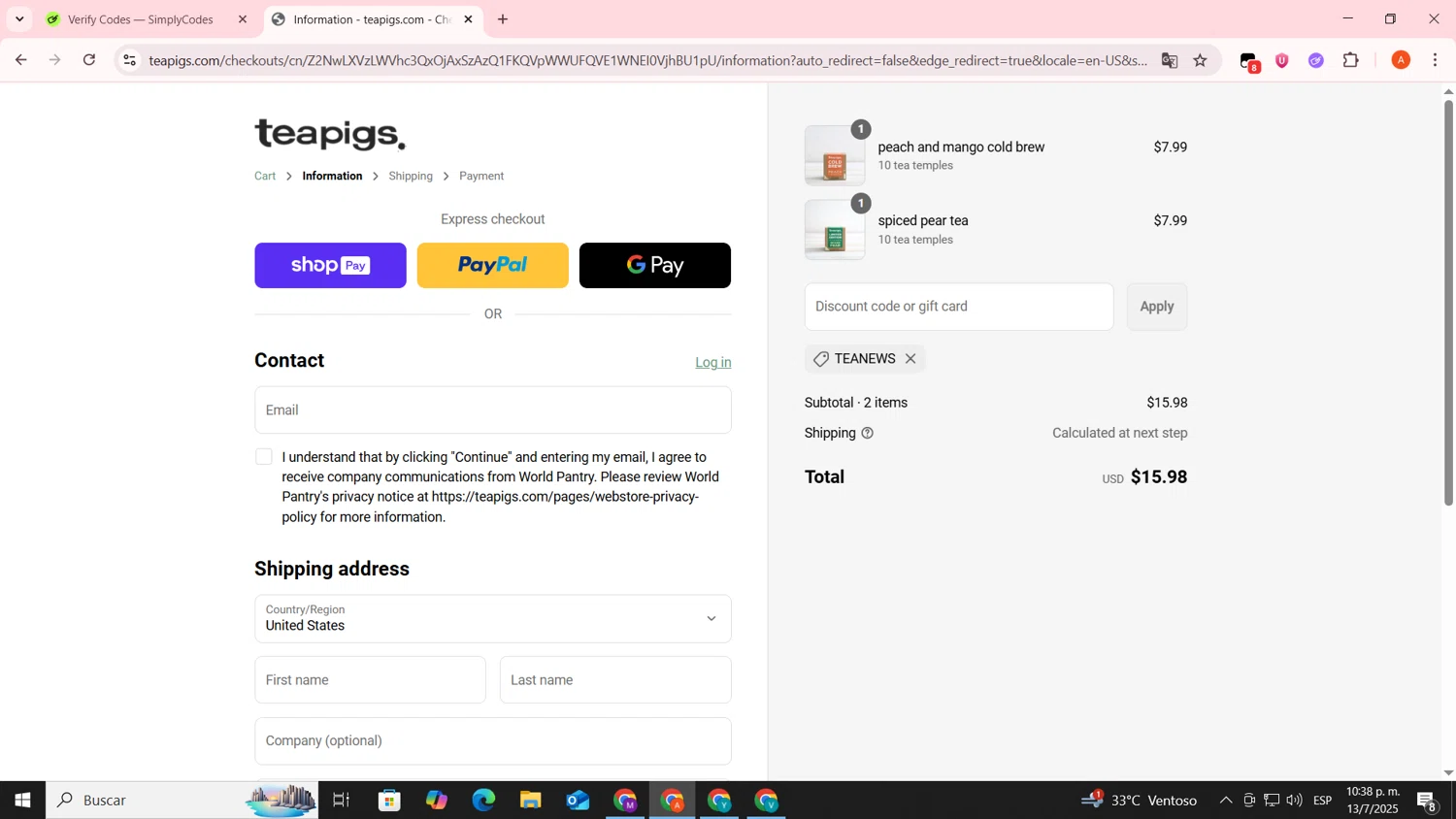 Teapigs promo code screenshot showing code TEANEWS applied at Teapigs checkout page. Uploaded by SimplyCodes community member FrugalSentinel6206 on Jul 14, 2025