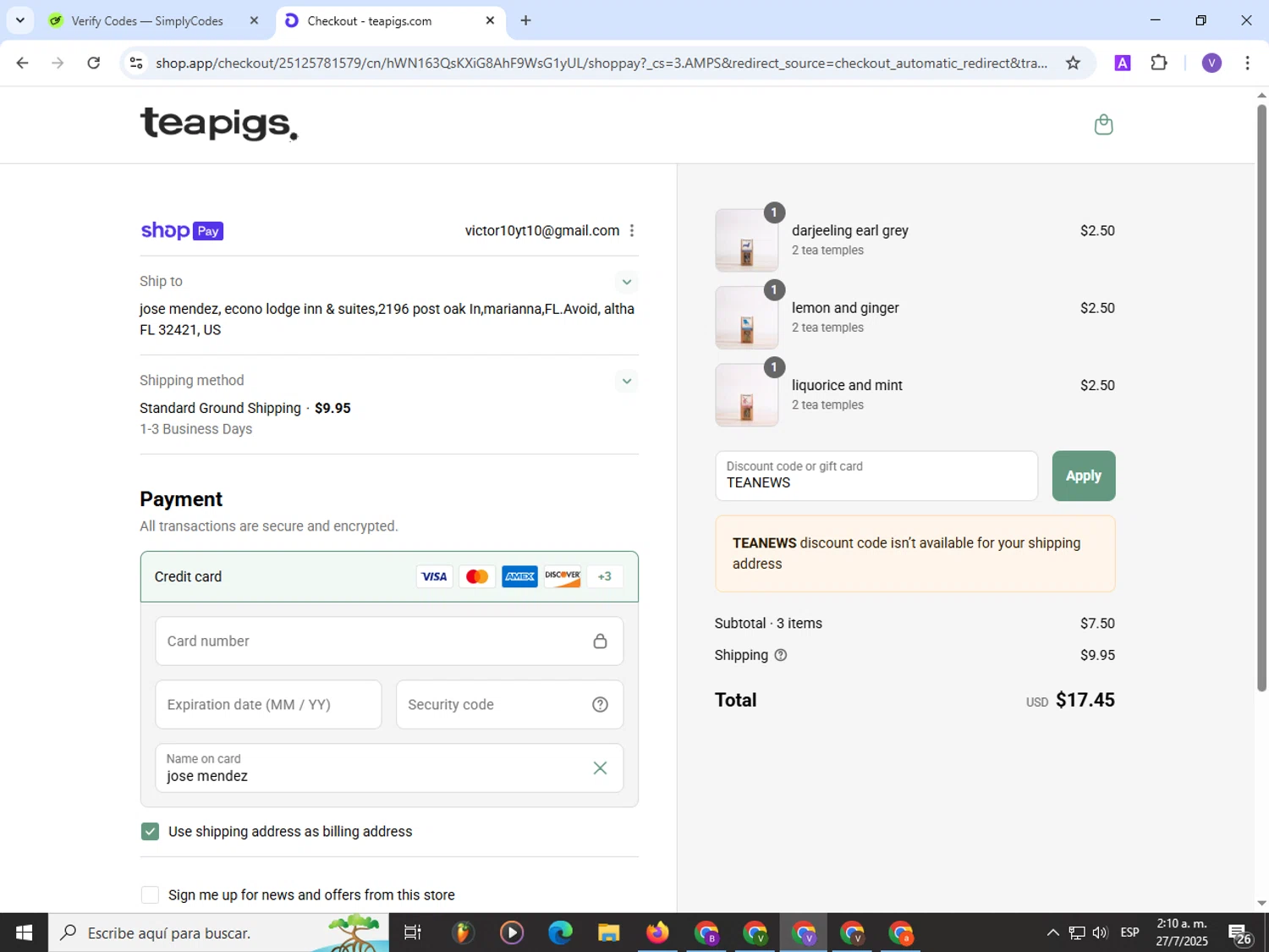 Teapigs promo code screenshot showing code TEANEWS applied at Teapigs checkout page. Uploaded by SimplyCodes community member Satoru_gojo on Jul 27, 2025