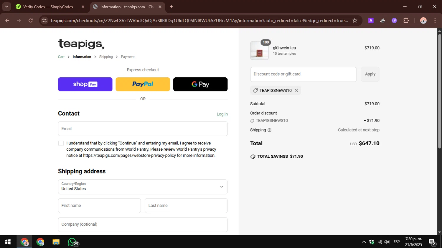 Teapigs promo code screenshot showing code TEAPIGSNEWS10 applied at Teapigs checkout page. Uploaded by SimplyCodes community member AbusaGordas on Jun 21, 2025
