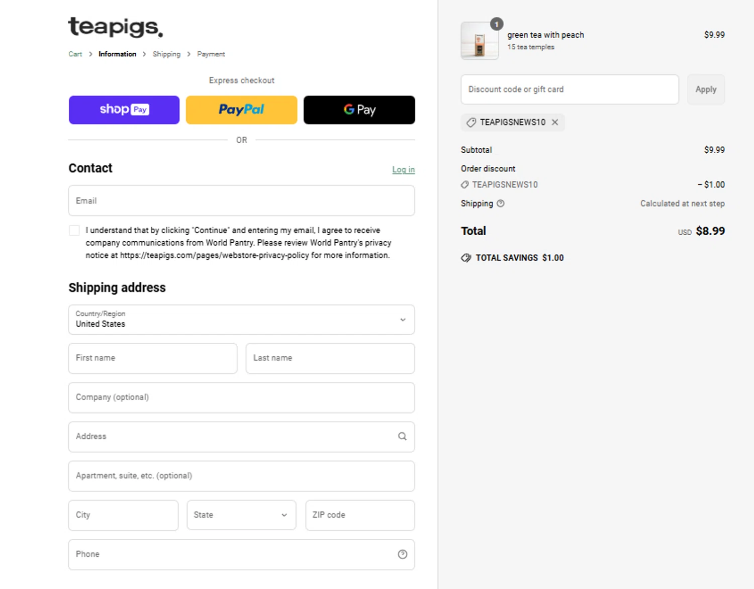 Teapigs promo code screenshot showing code TEAPIGSNEWS10 applied at Teapigs checkout page. Uploaded by SimplyCodes community member CrownSage3630 on Mar 19, 2025
