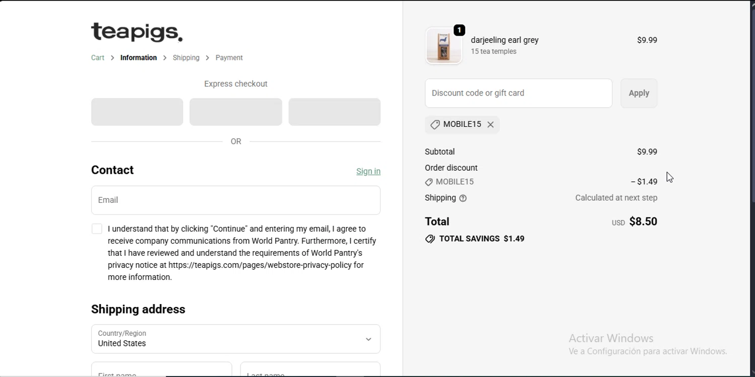 Teapigs promo code screenshot showing code MOBILE15 applied at Teapigs checkout page. Uploaded by SimplyCodes community member CodeEagle1166 on Dec 4, 2025