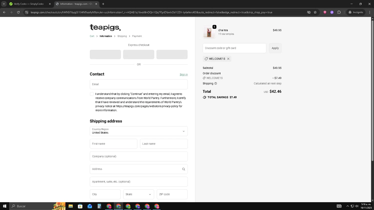 Teapigs promo code screenshot showing code WELCOME15 applied at Teapigs checkout page. Uploaded by SimplyCodes community member AVATIGRITO on Nov 19, 2025