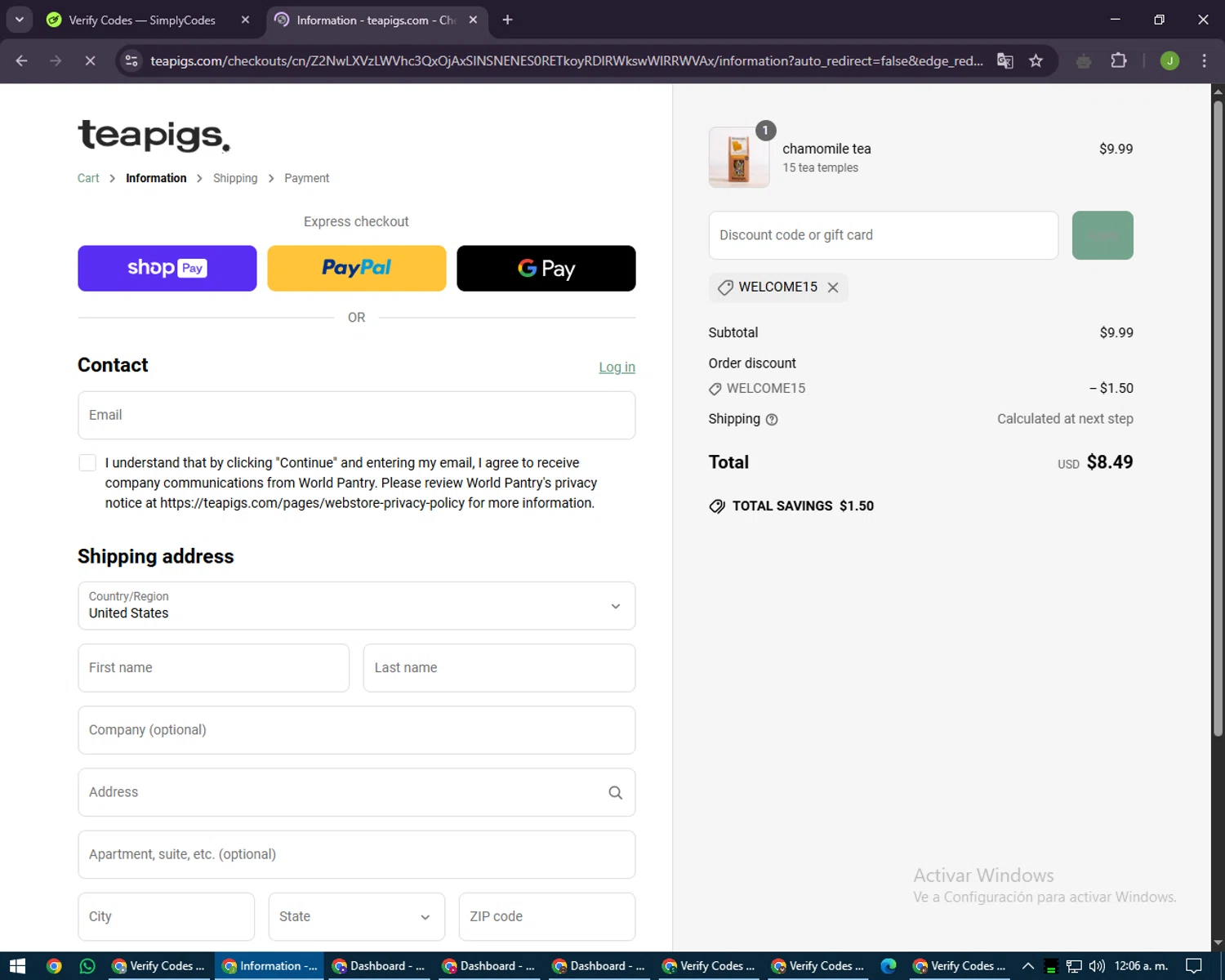 Teapigs promo code screenshot showing code WELCOME15 applied at Teapigs checkout page. Uploaded by SimplyCodes community member LilBaby on Apr 26, 2025