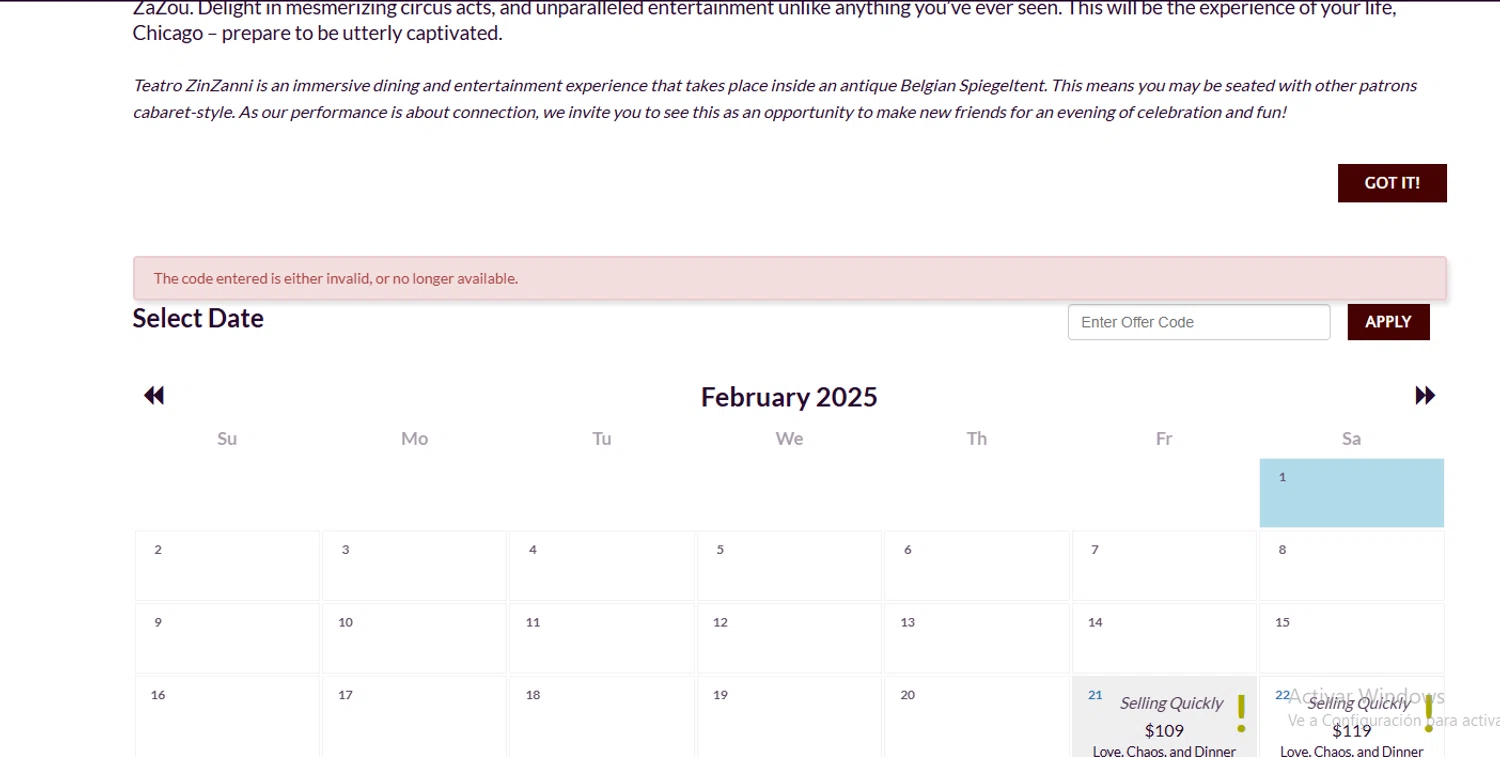 Teatro ZinZanni discount code screenshot showing code GIMMECHAOS applied at Teatro ZinZanni checkout page. Uploaded by SimplyCodes community member Gaby04 on Feb 21, 2025