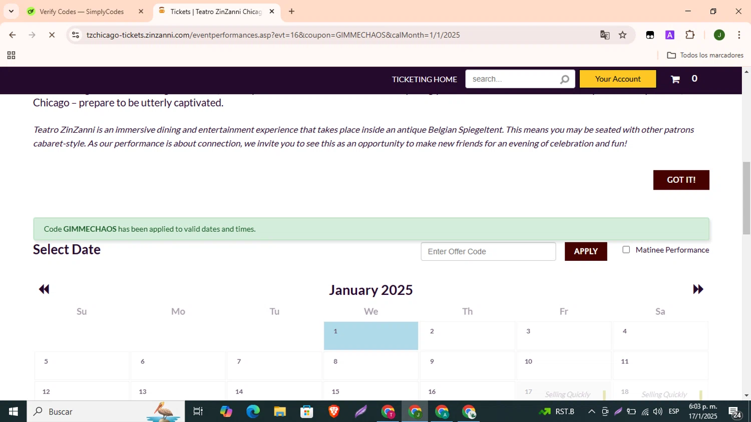 Teatro ZinZanni checkout page showing Teatro ZinZanni discount code box | Screenshot taken by SimplyCodes community member on Jan 17, 2025